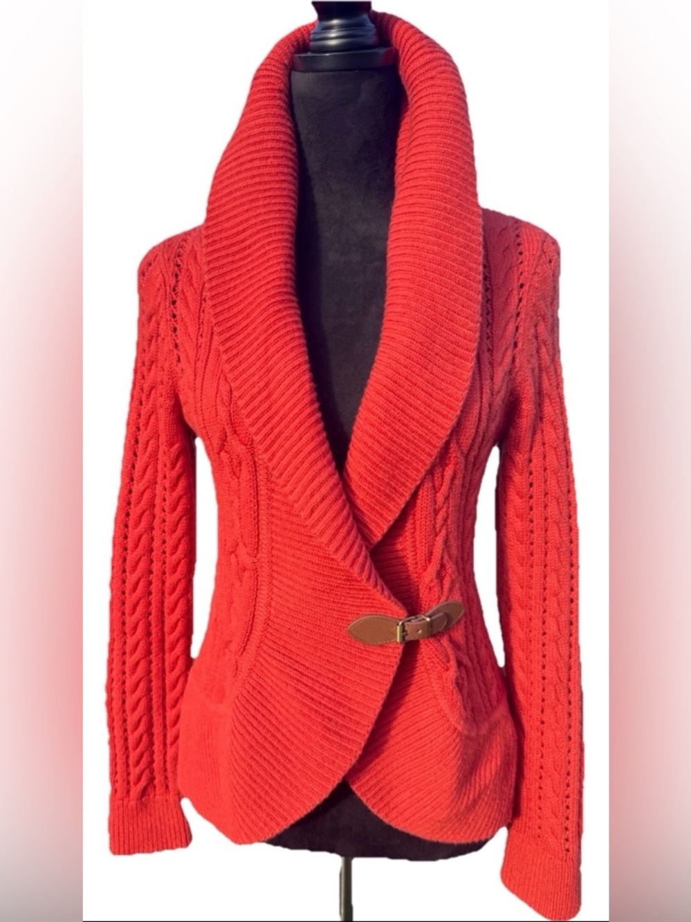 Talbots Rustic Orange Cable Knit Cardigan Buckle Shawl Collar Small - Picture 4 of 14